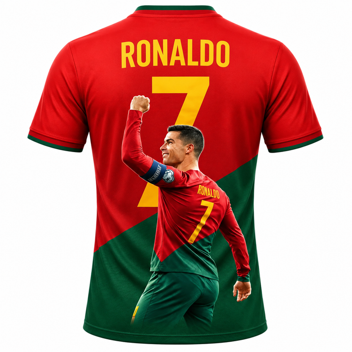 Ronaldo No.7 Portugal red green football fan tee back view