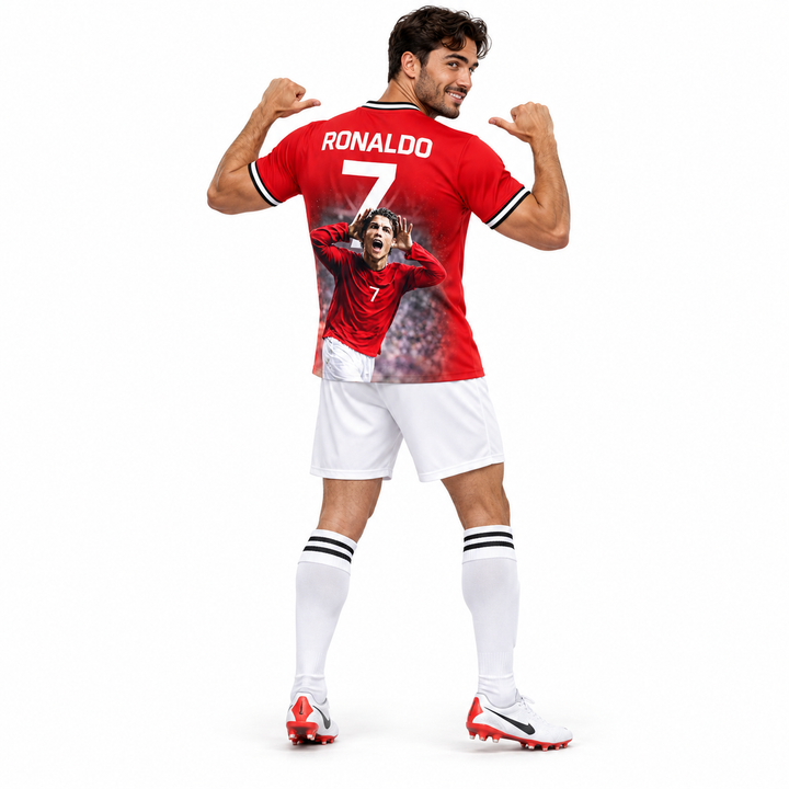 Ronaldo No.7 red celebration football fan tee shown on full-body male model