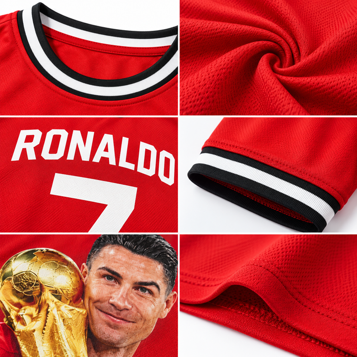 Red football fan tee collar fabric stitching and print details