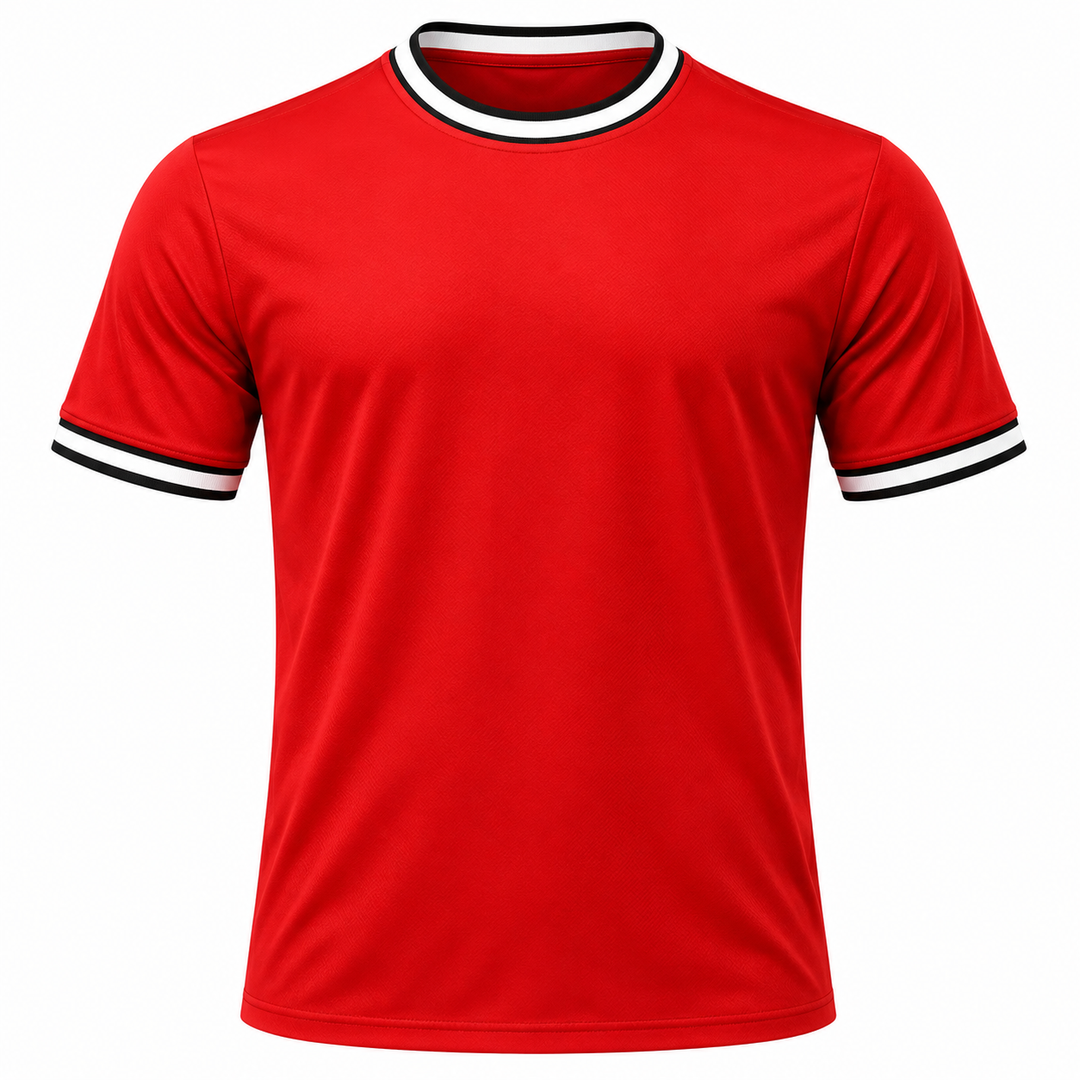 Red football fan tee front view with black and white trim