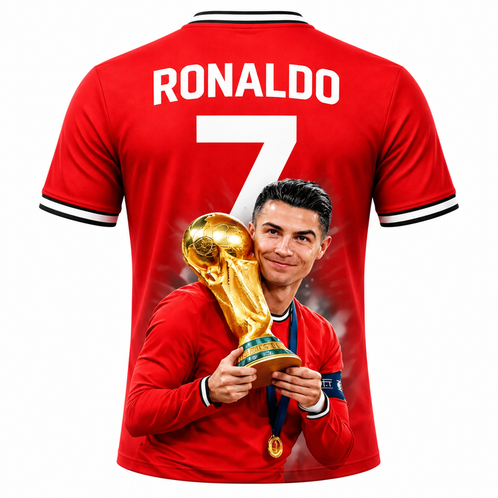 Ronaldo No.7 red trophy football fan tee back view