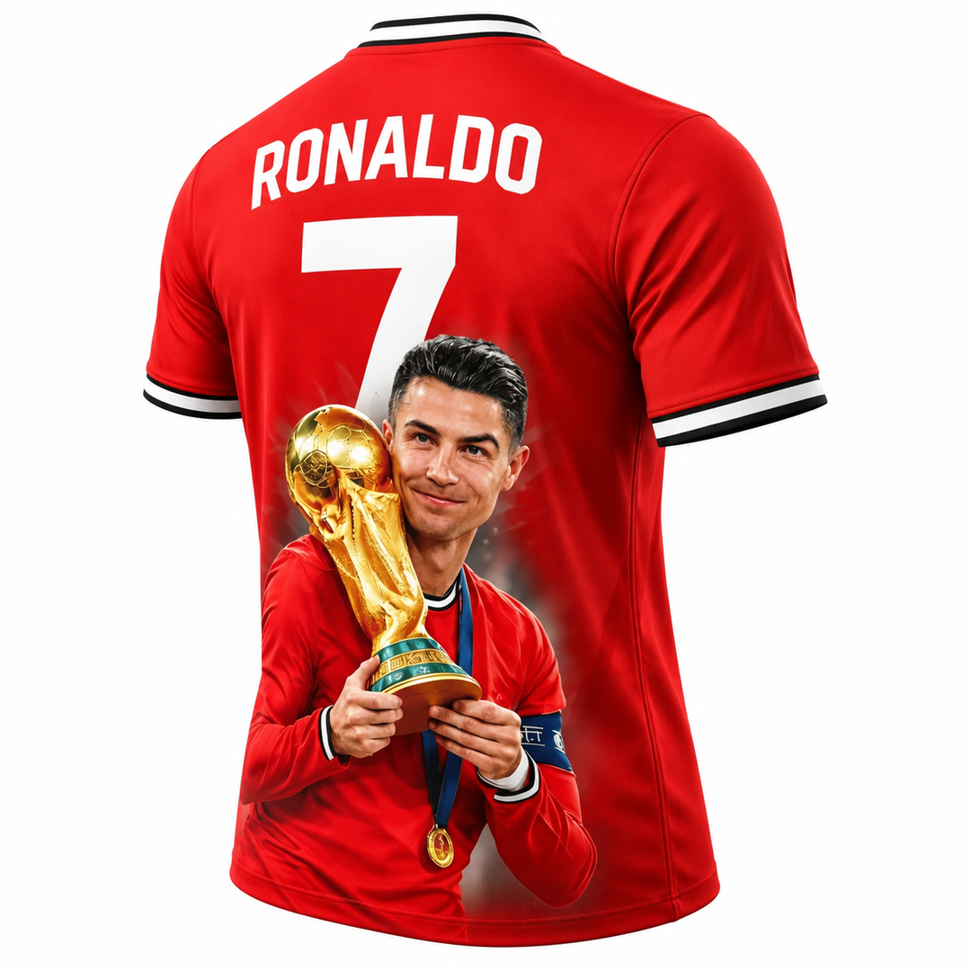 Ronaldo No.7 red trophy football fan tee three-quarter back view