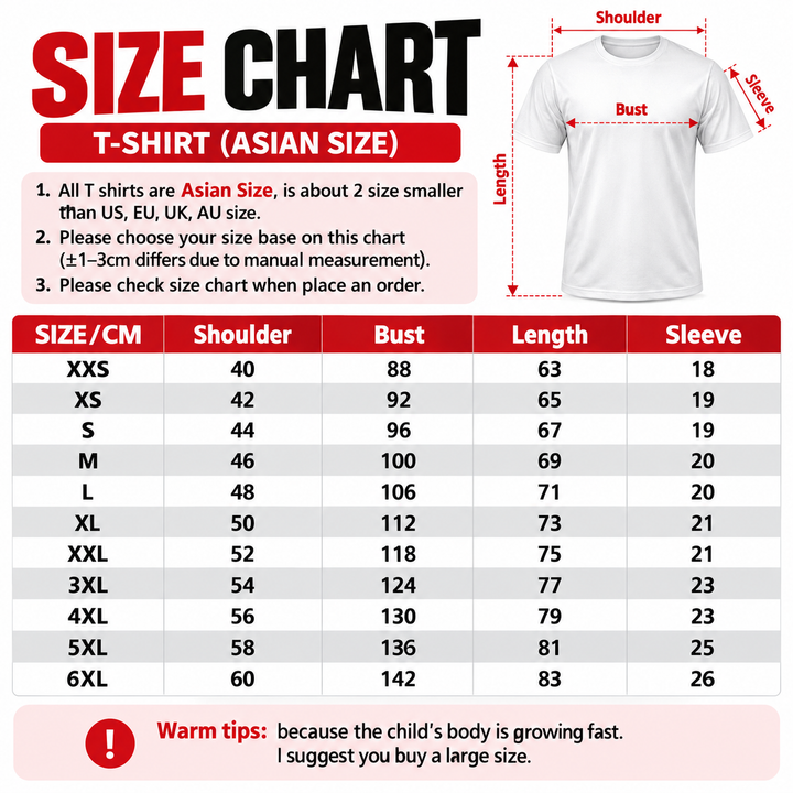 Football fan tee Asian size chart XXS to 6XL