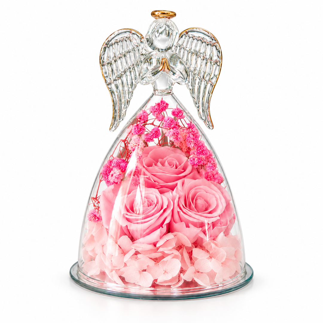 Beauty angel pink with three pink roses, pink filler flowers, clear glass wings and gold halo on a seamless white background.