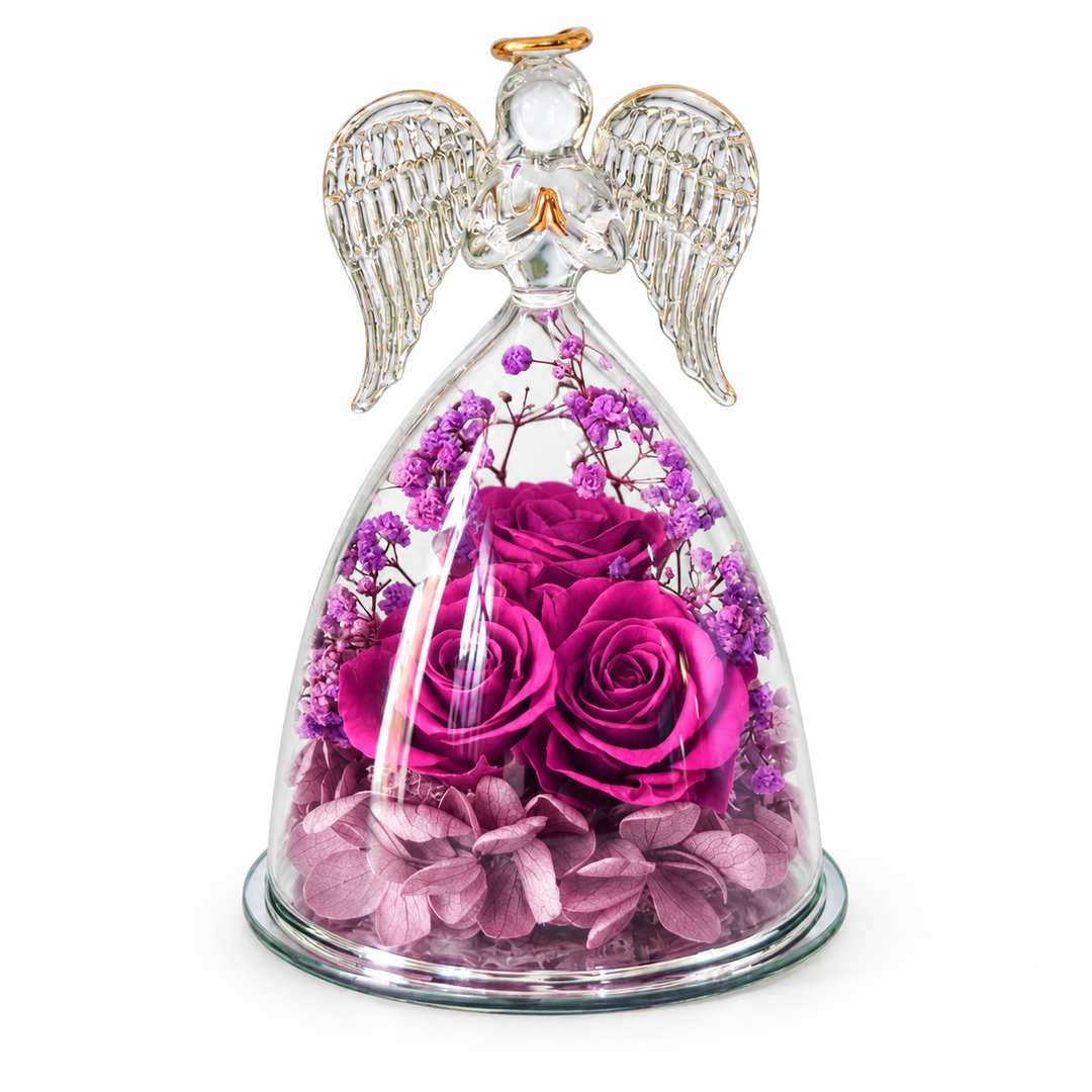 Beauty angel purple with three purple roses, purple flowers, clear glass wings and gold halo, front view on white background.