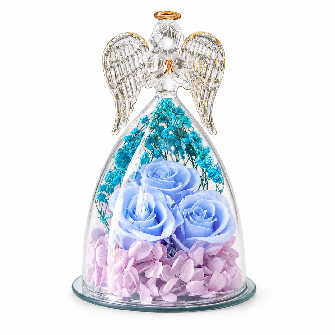 Beauty angel sky blue with pale blue roses, lilac petals, turquoise flowers and clear glass wings against a white background.