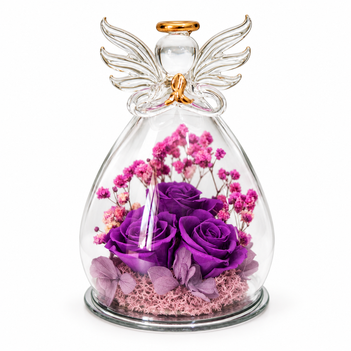 Large angel purple with three purple roses, lilac flowers, spread glass wings and a gold halo on a seamless white background.