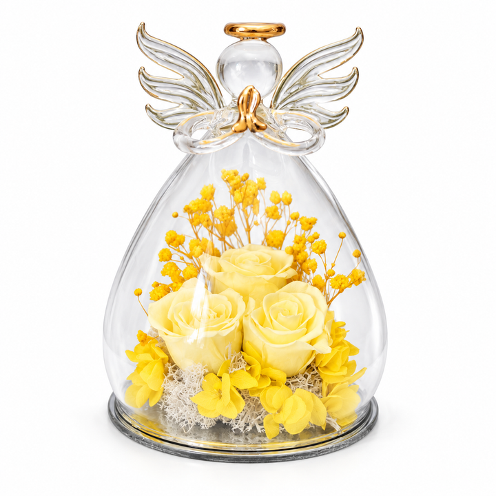 Large angel yellow with three pale yellow roses, yellow flowers, spread glass wings and a gold halo on pure white background.