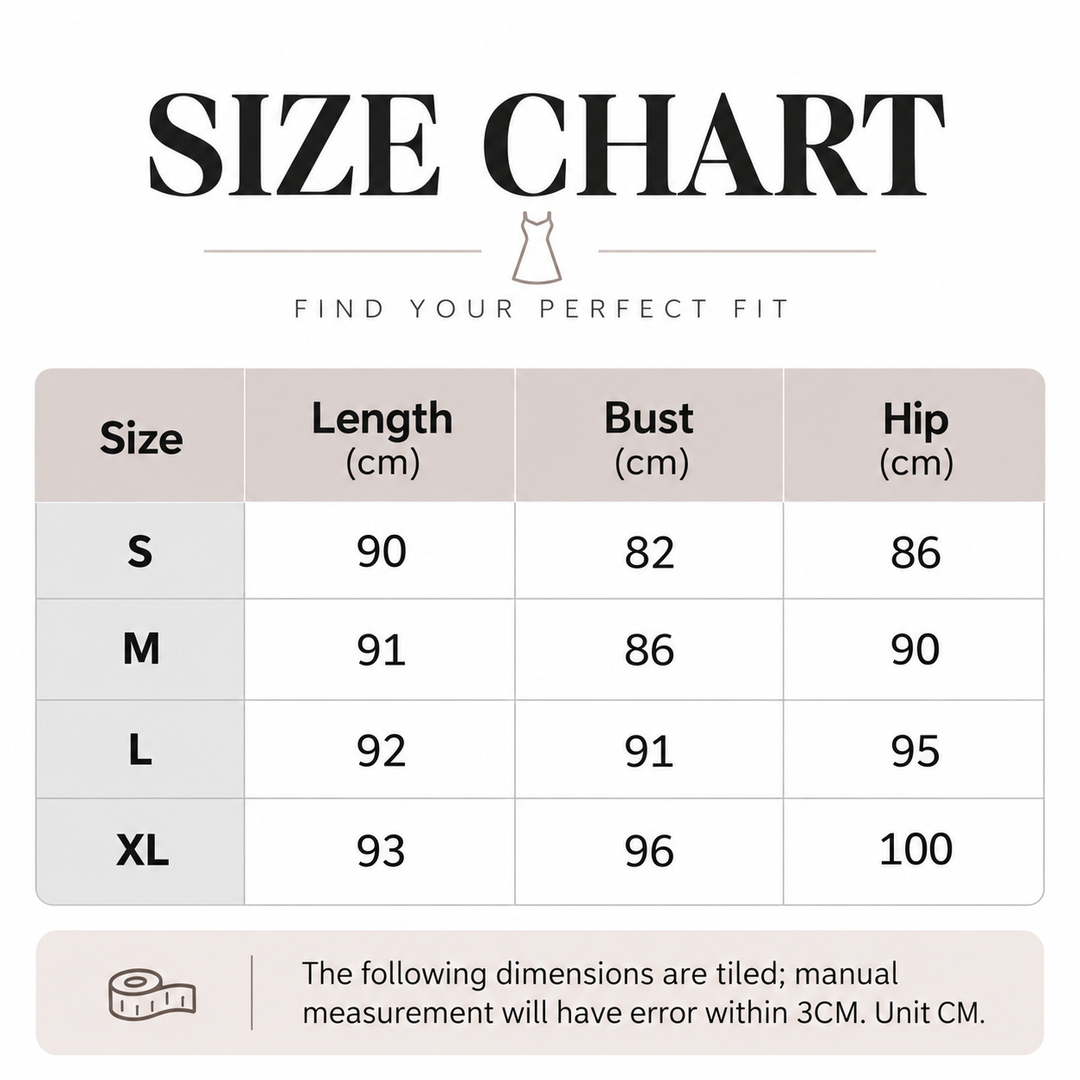 Rose print dress size chart with verified S, M, L and XL length, bust and hip measurements in cm