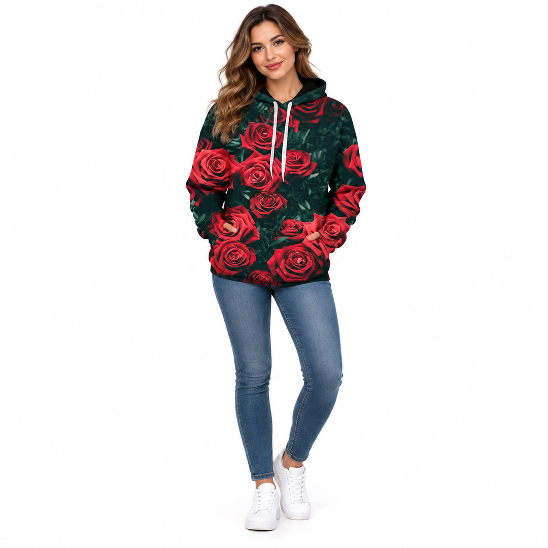 Rose hoodie with floral print on female model, front view