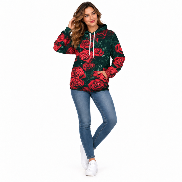 Full-body female model wearing red rose floral hoodie