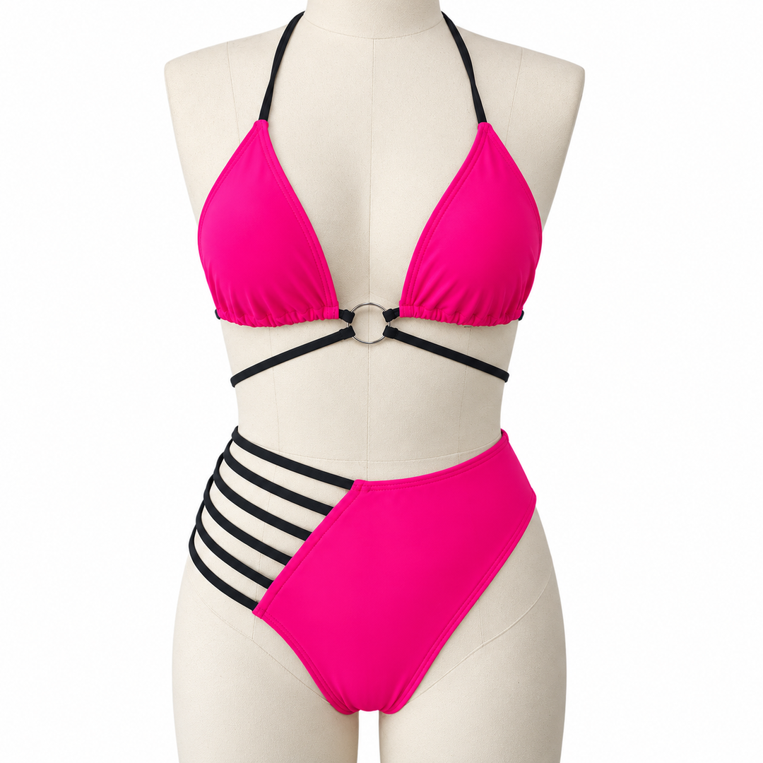 Rose Red bikini on a fabric display mannequin against white, showing the halter neckline, central ring and black side straps.