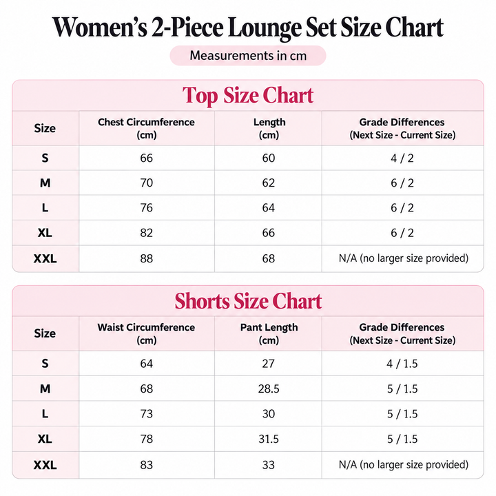 Size chart for the rose red two-piece set with top and shorts measurements in centimeters