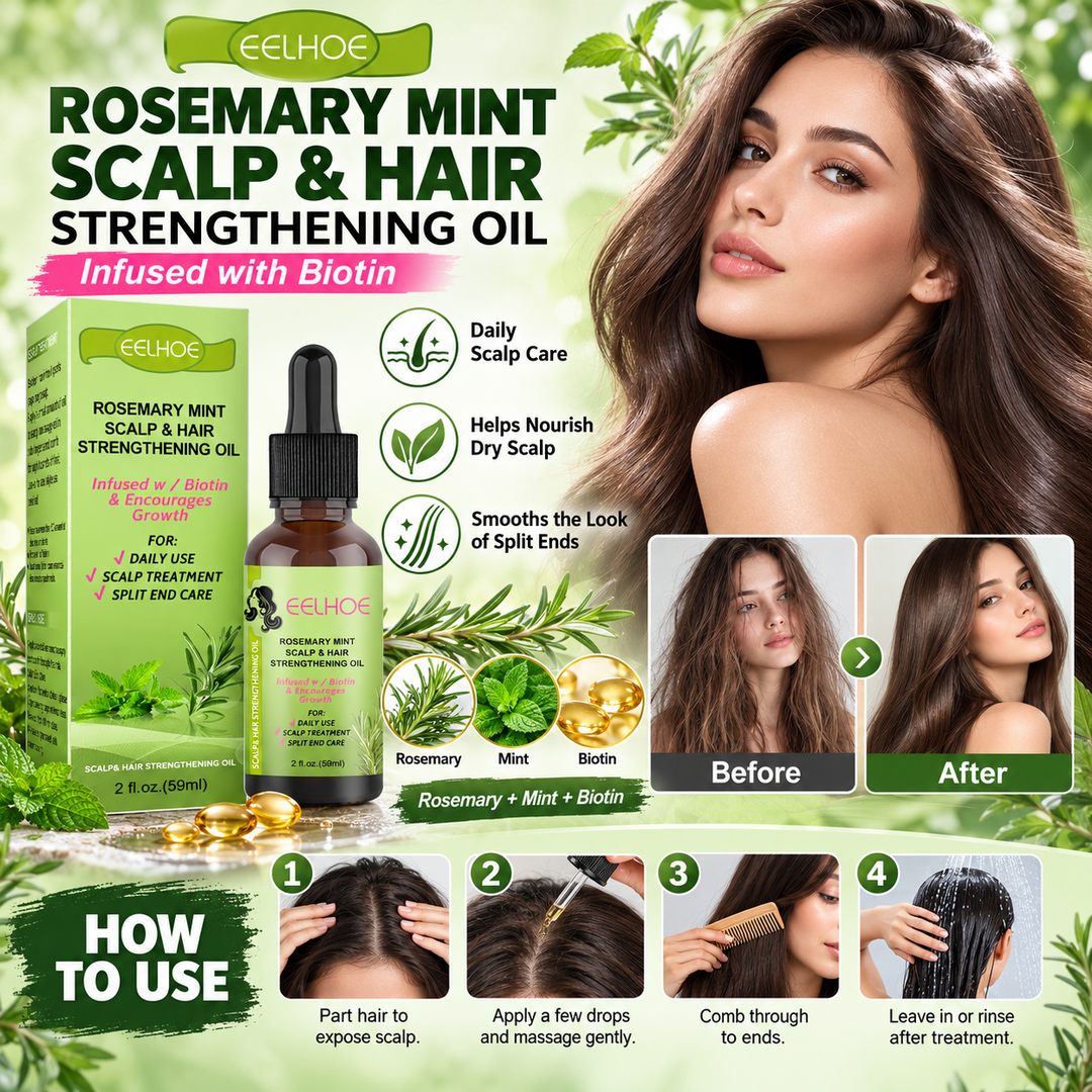 Rosemary mint scalp oil collage with ingredients, hair care benefits and use steps