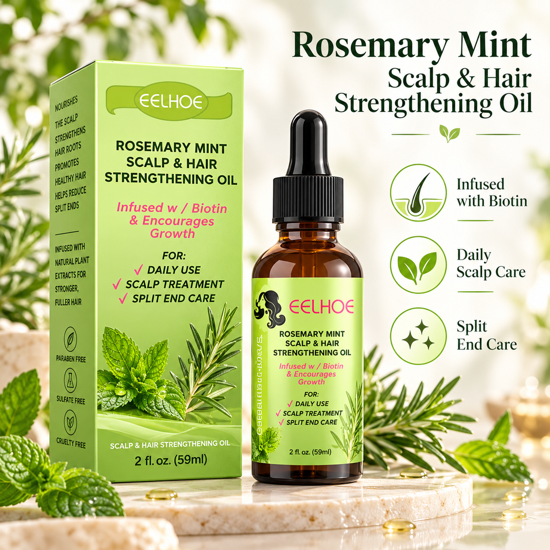EELHOE rosemary mint scalp and hair strengthening oil bottle and box