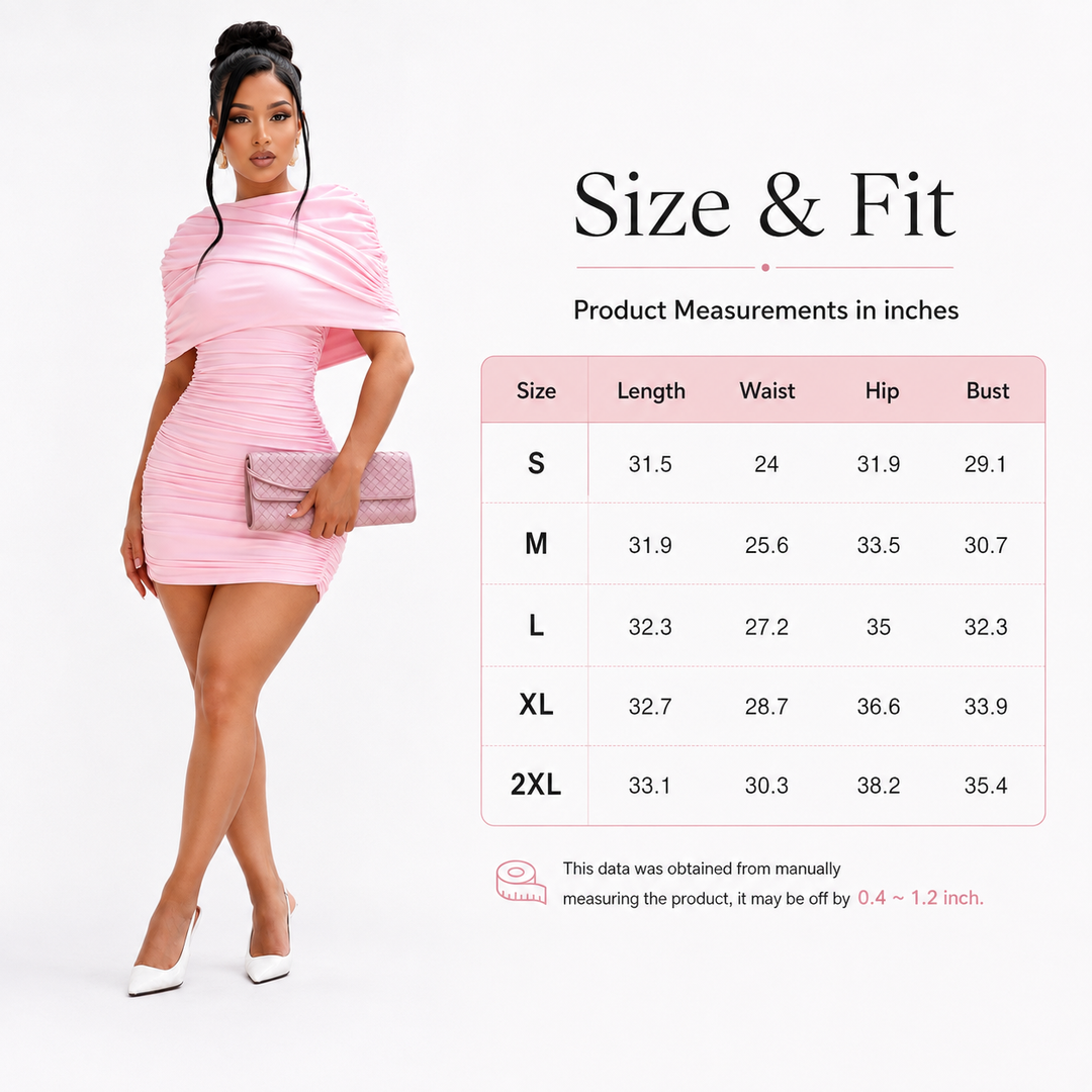 Ruched mini dress size chart with model and product measurements in inches for sizes S through 2XL on white background