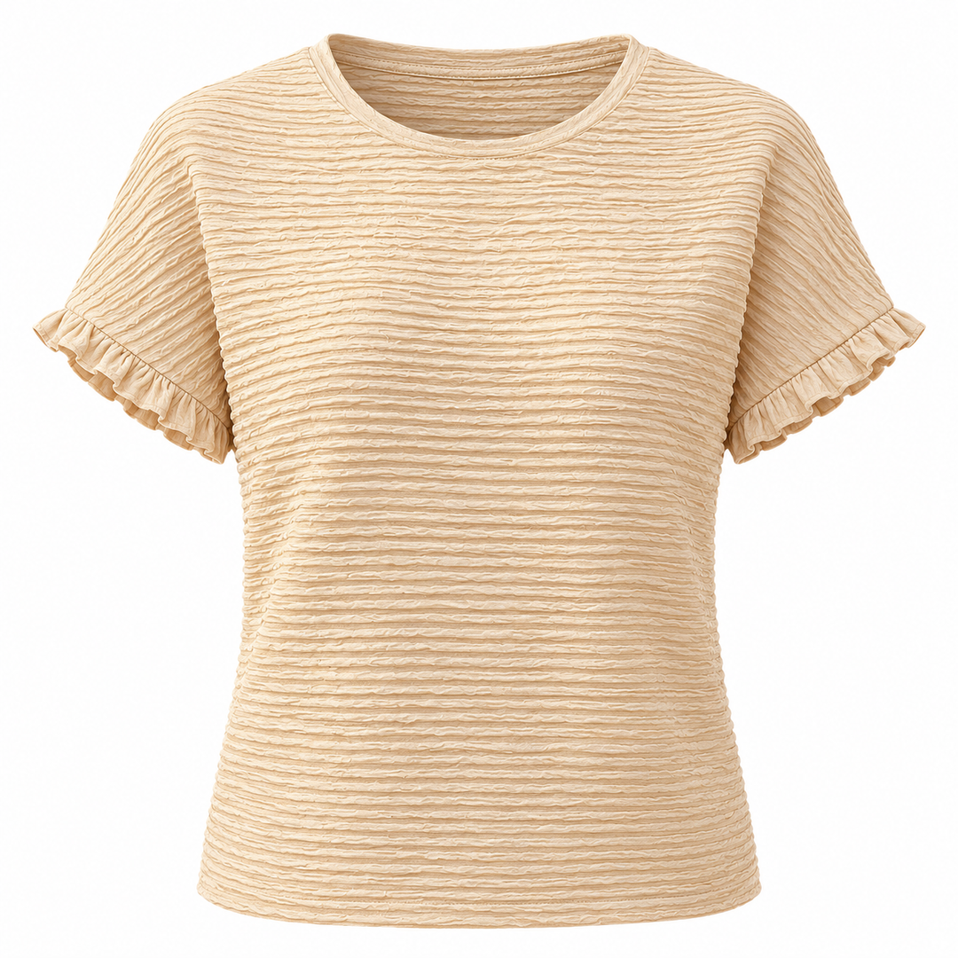 Apricot textured top on a white background, showing horizontal ripples, round neckline, short ruffle sleeves and straight hem