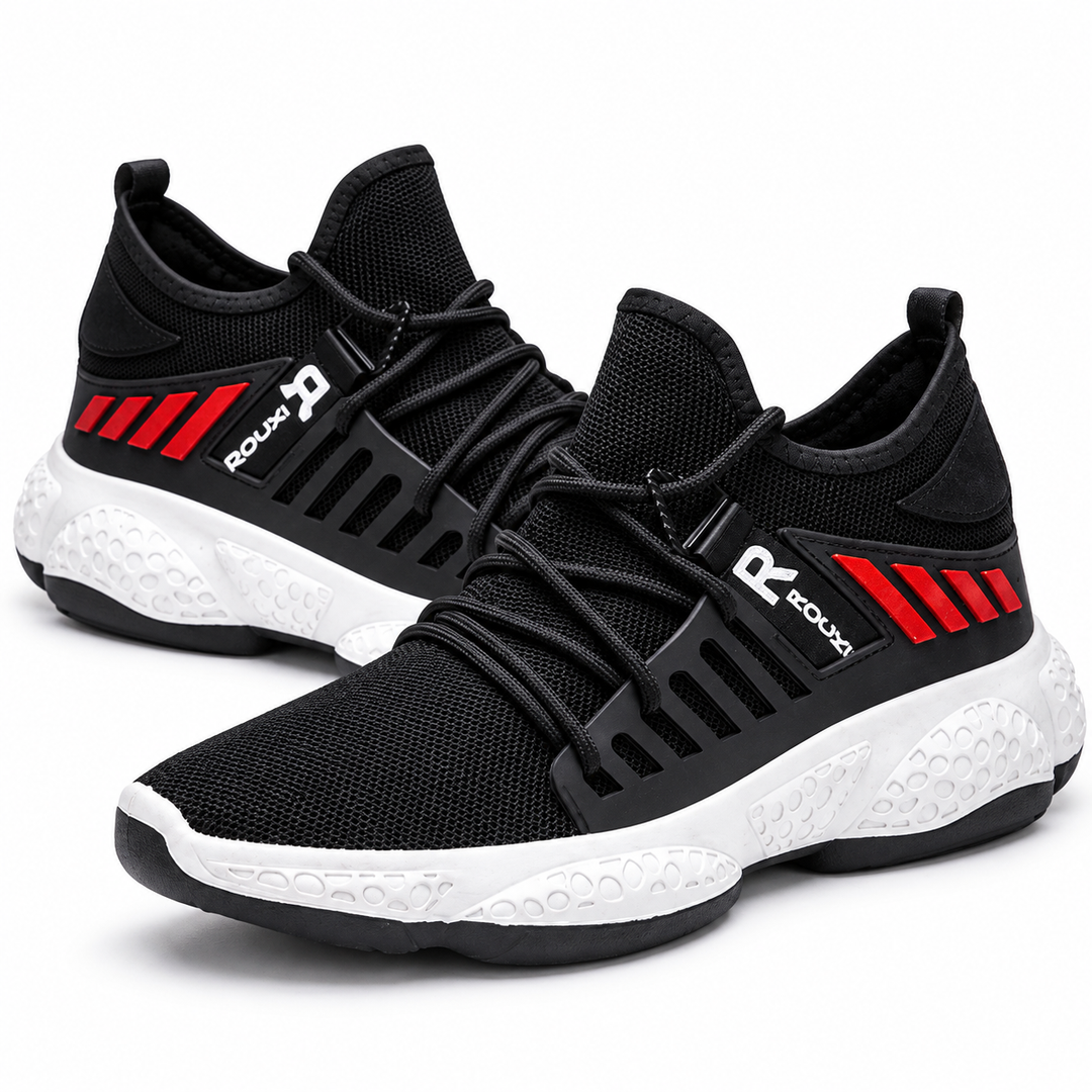 Running shoes black pair with breathable mesh upper, lace-up design and textured white EVA sole on a clean white studio background.