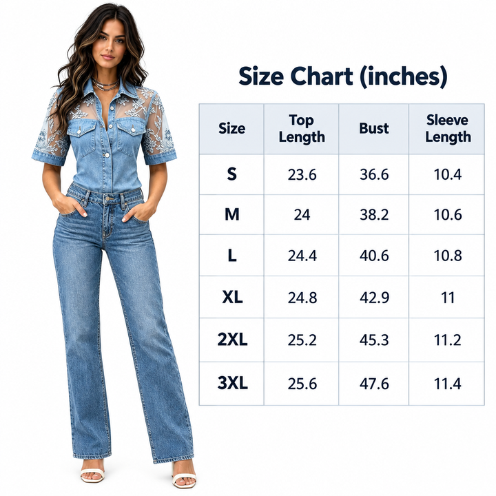 Plus size lace blouse size chart for S to 3XL with garment measurements