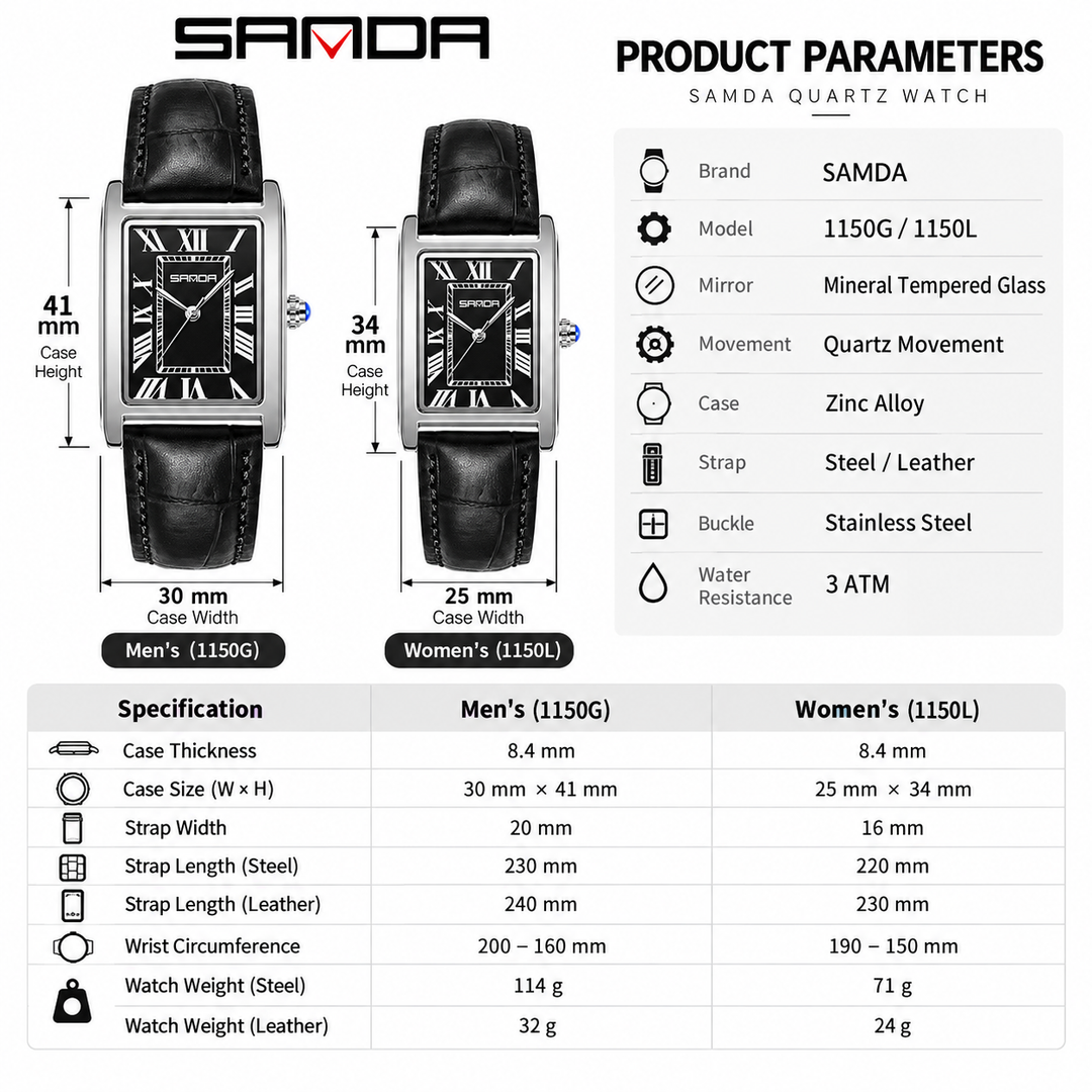 SAMDA quartz watch product parameters and size specifications