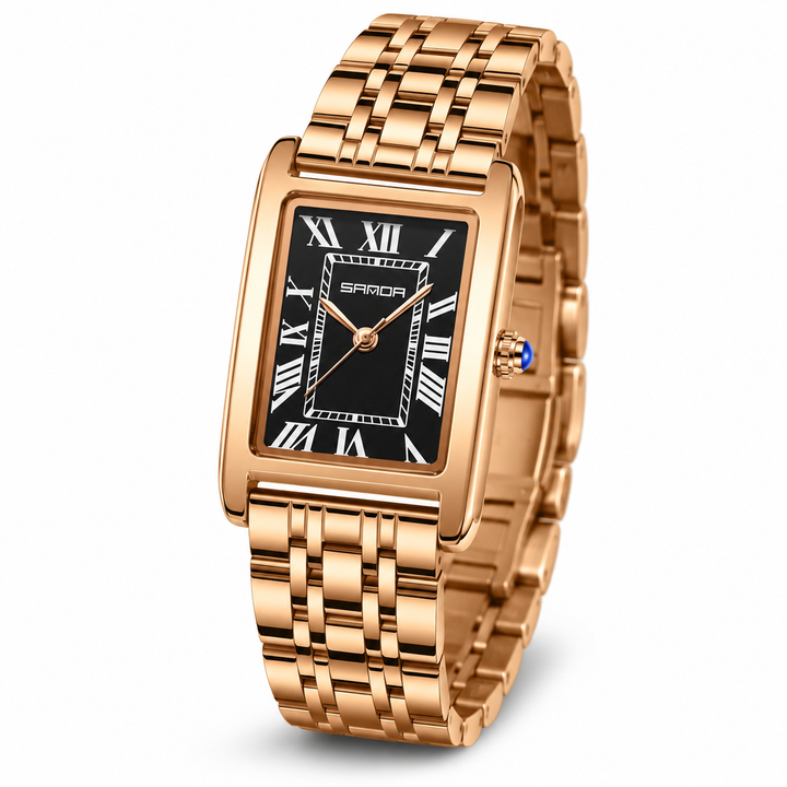 SAMDA rectangular quartz watch rose gold steel bracelet angled view