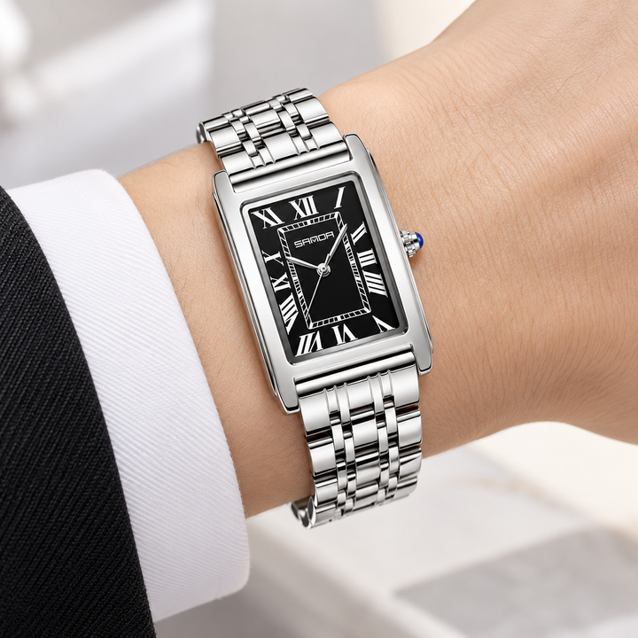 SAMDA rectangular quartz watch silver steel bracelet worn on wrist
