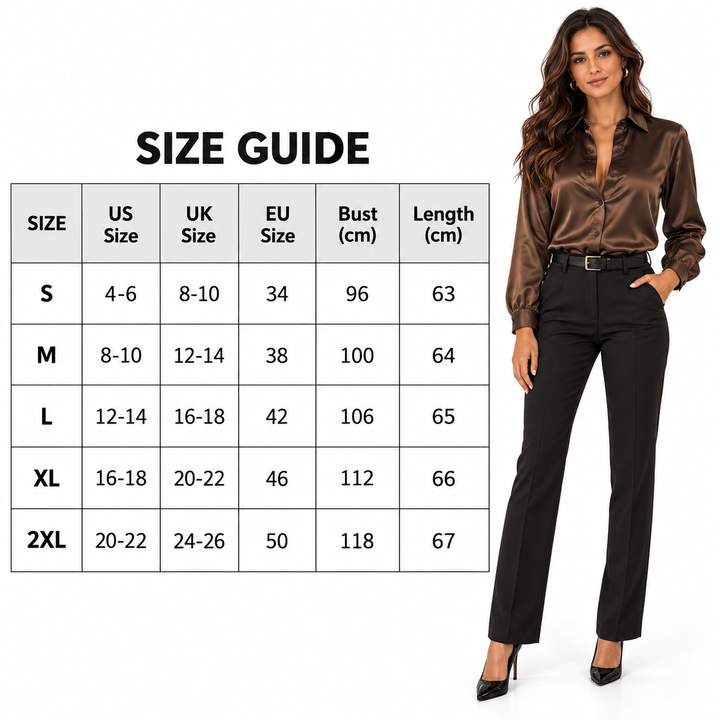 Size chart for sizes S to 2XL with US, UK, and EU labels, bust and length in centimeters, near a model wearing a brown shirt.