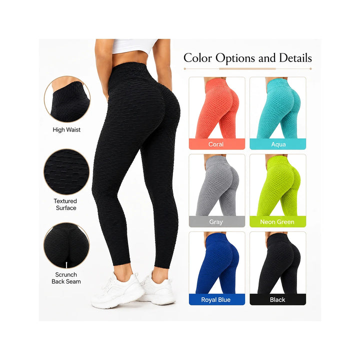 Scrunch leggings colors and product details image showing available shades, textured surface and high-waist activewear design.