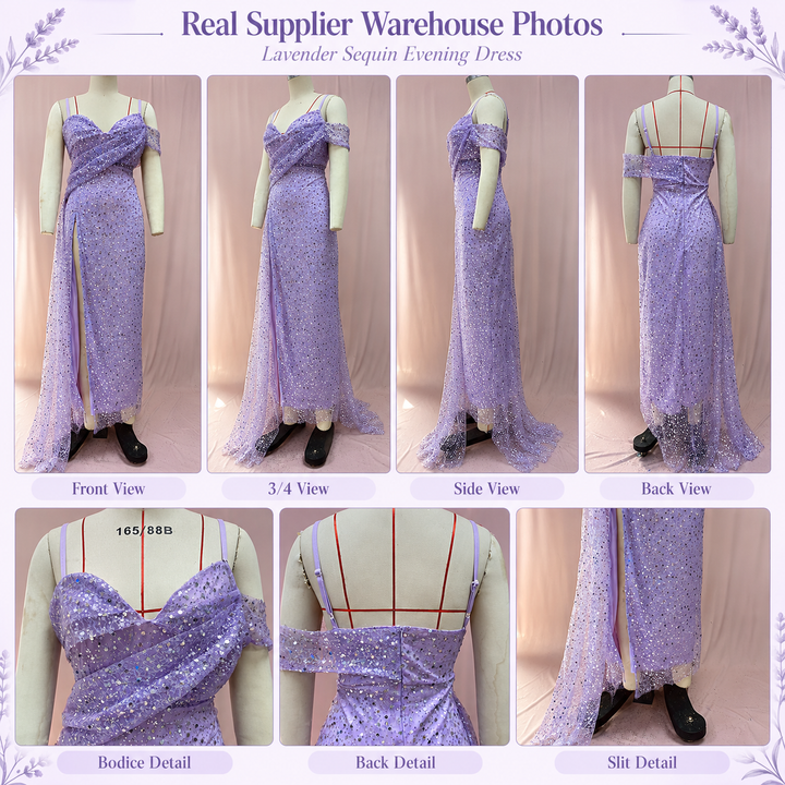 Real supplier warehouse photo collage of the violet sequin evening dress with front, side, back, bodice and slit views.