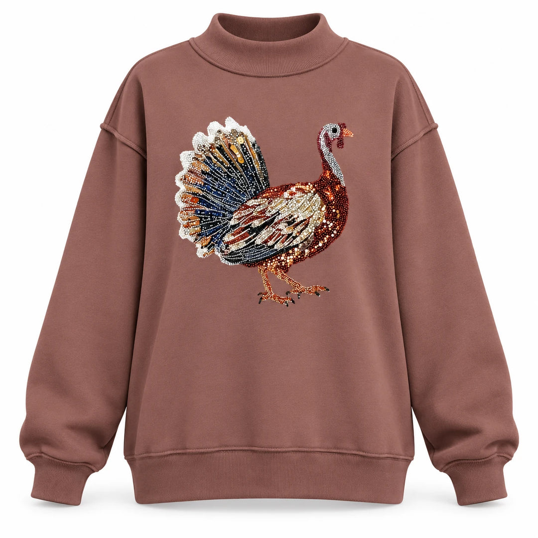 Front view of a dark brown Thanksgiving sweatshirt with a sequin turkey design