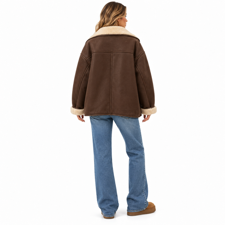 Coffee brown sherpa-lined button coat on a full-body female model, back view