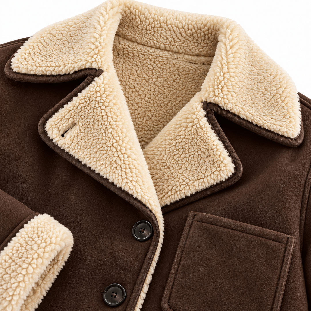 Close-up of cream sherpa collar, dark buttons, front edge and patch pocket detail