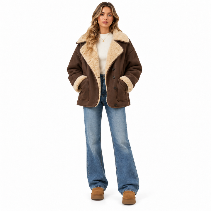 Coffee brown sherpa-lined button coat on a full-body female model, straight front view