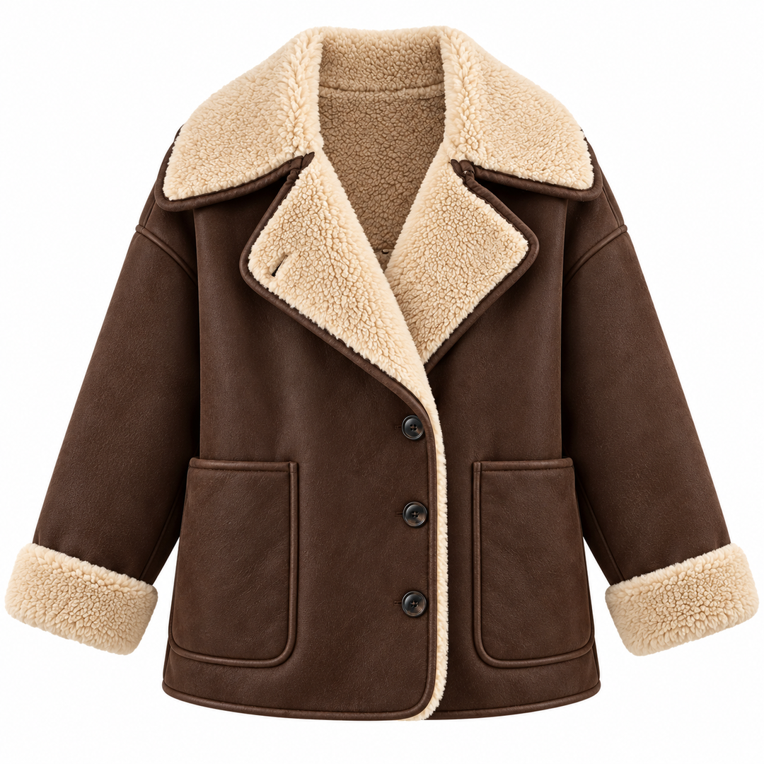 Coffee brown sherpa-lined button coat product-only front view on white