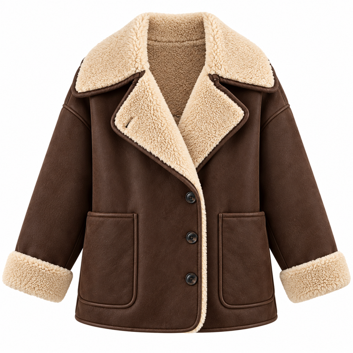 Coffee brown sherpa-lined button coat product-only front view on white