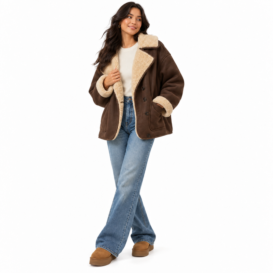 Coffee brown sherpa-lined coat on a second full-body female model with alternate pose