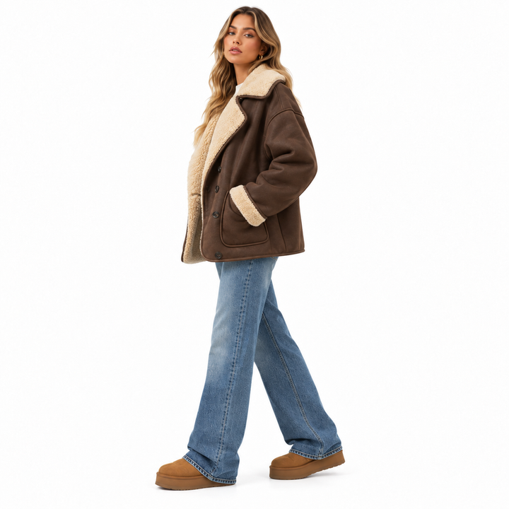 Coffee brown sherpa-lined button coat shown from a side three-quarter model view