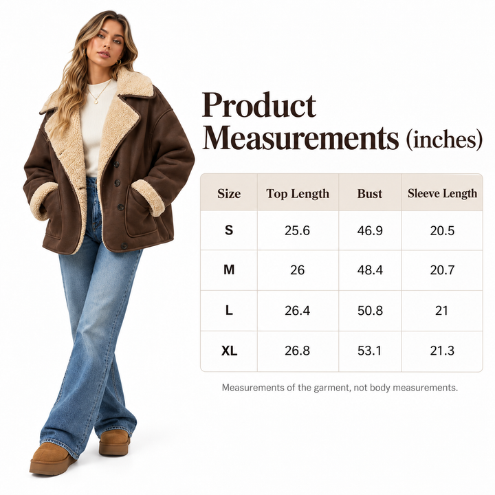 Size chart for coffee brown sherpa-lined coat, sizes S to XL with garment measurements