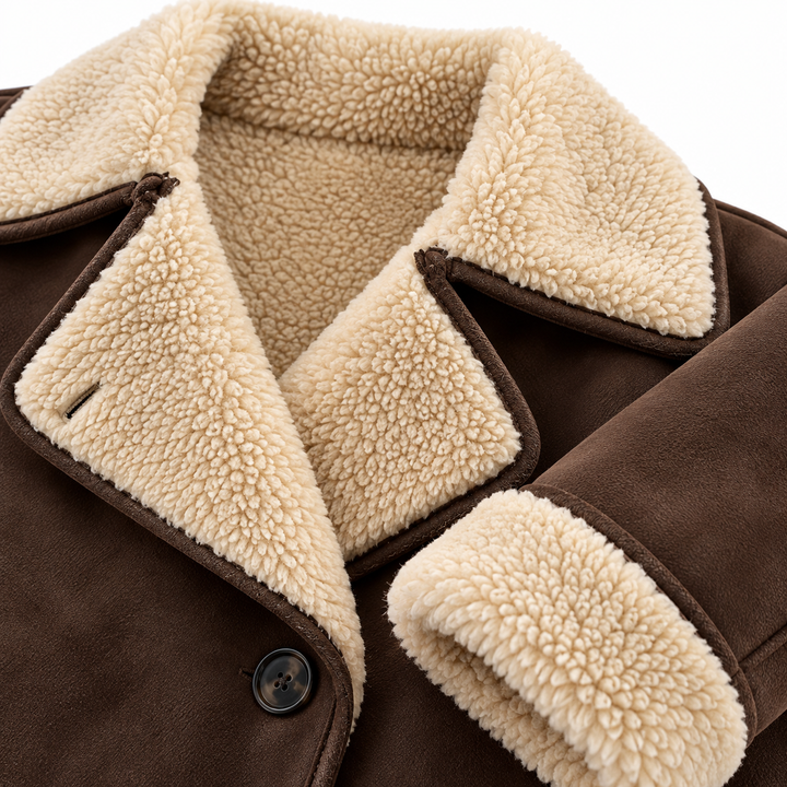 Close-up of coffee brown coat surface, cream sherpa collar, cuff and button details