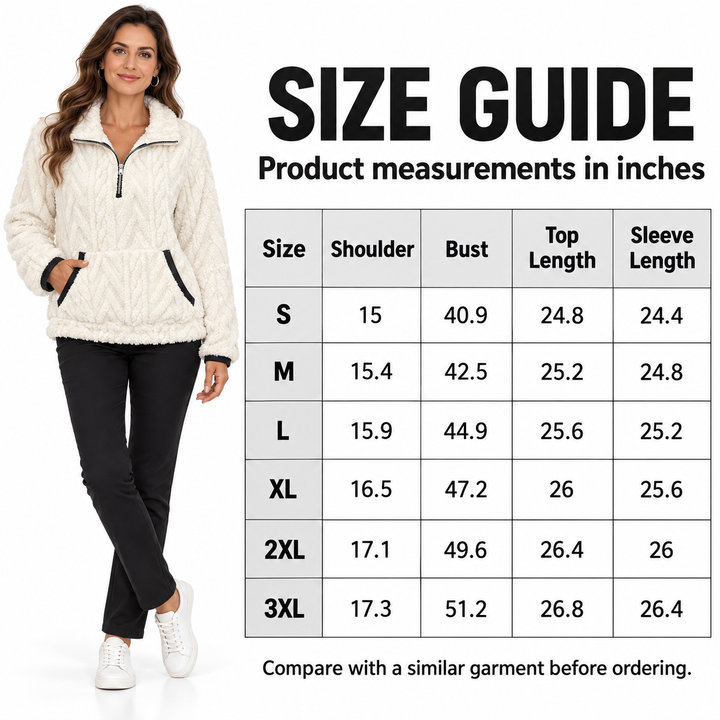 Size chart in inches for S to 3XL with shoulder, bust, top length and sleeve length beside a brunette model in the white top.