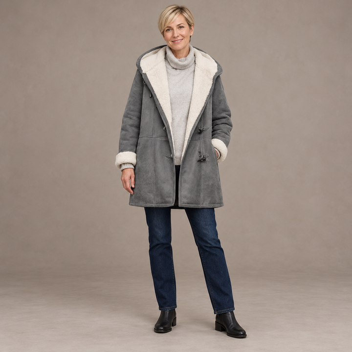 Model wearing the gray women&