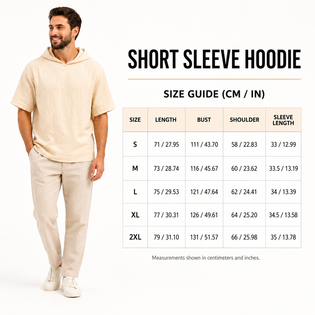 Short sleeve hoodie size chart in cm and inches for S, M, L, XL, and 2XL with a male model.