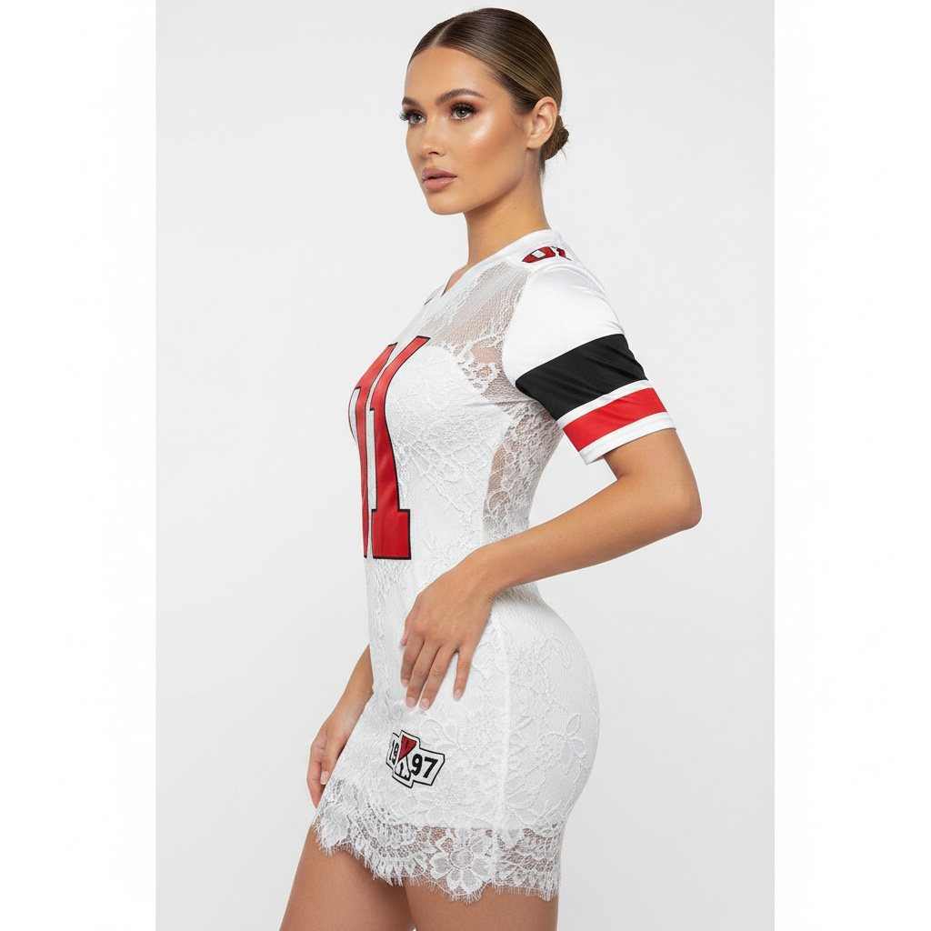 European style lace embroidered dress with A-line skirt, short length and polished waist fit for dinners and events with ease