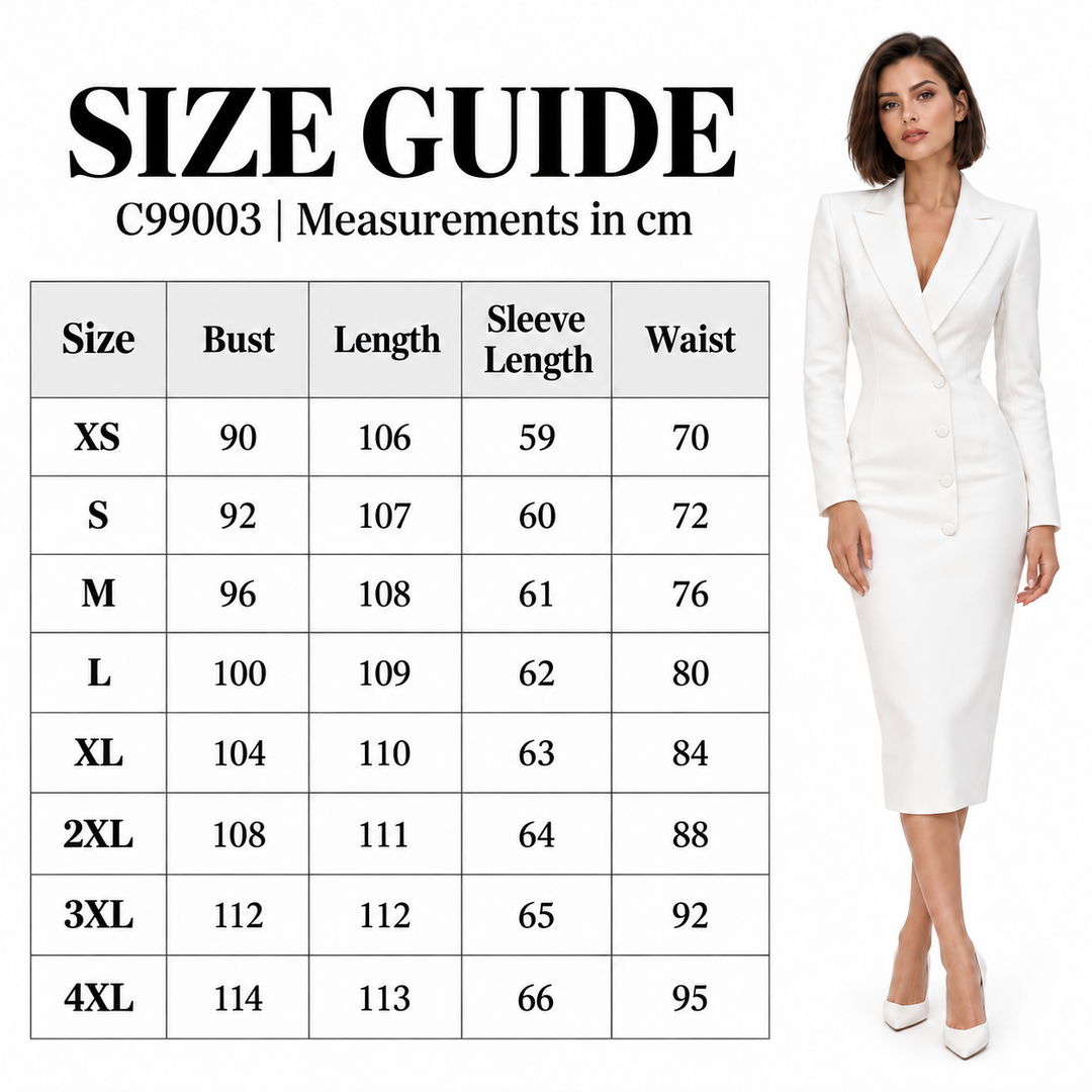 Blazer dress sizing guide C99003 with XS to 4XL measurements in cm for bust, length, sleeve length and waist, beside a model.