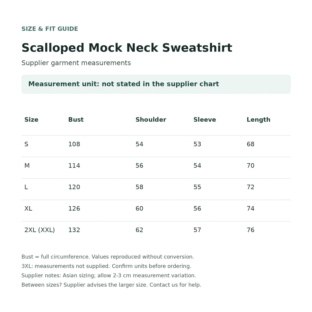 Supplier size chart with bust, shoulder, sleeve and length values: S-2XL; units are unstated and 3XL measurements are missing