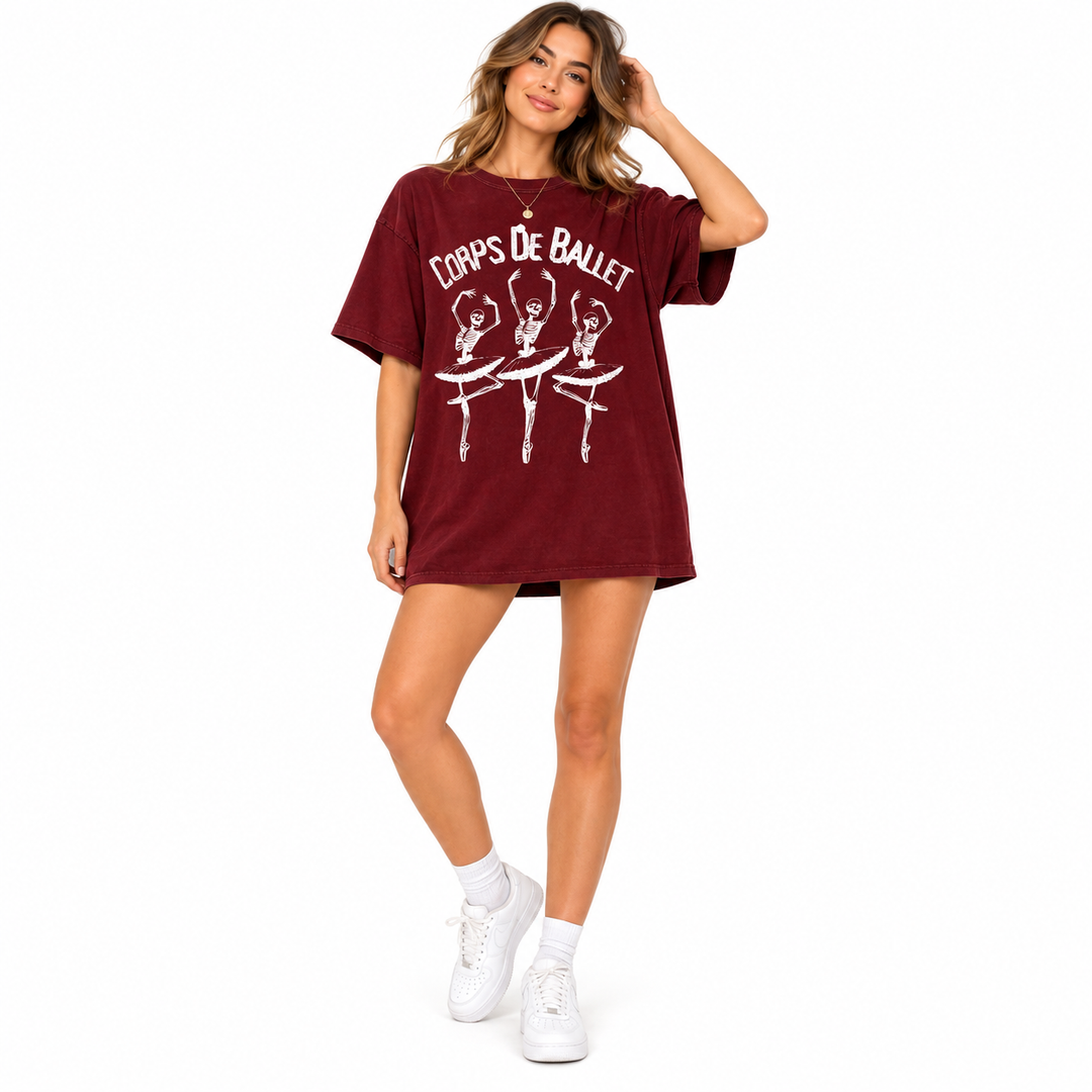 Burgundy skeleton ballerina T-shirt dress on full-body model