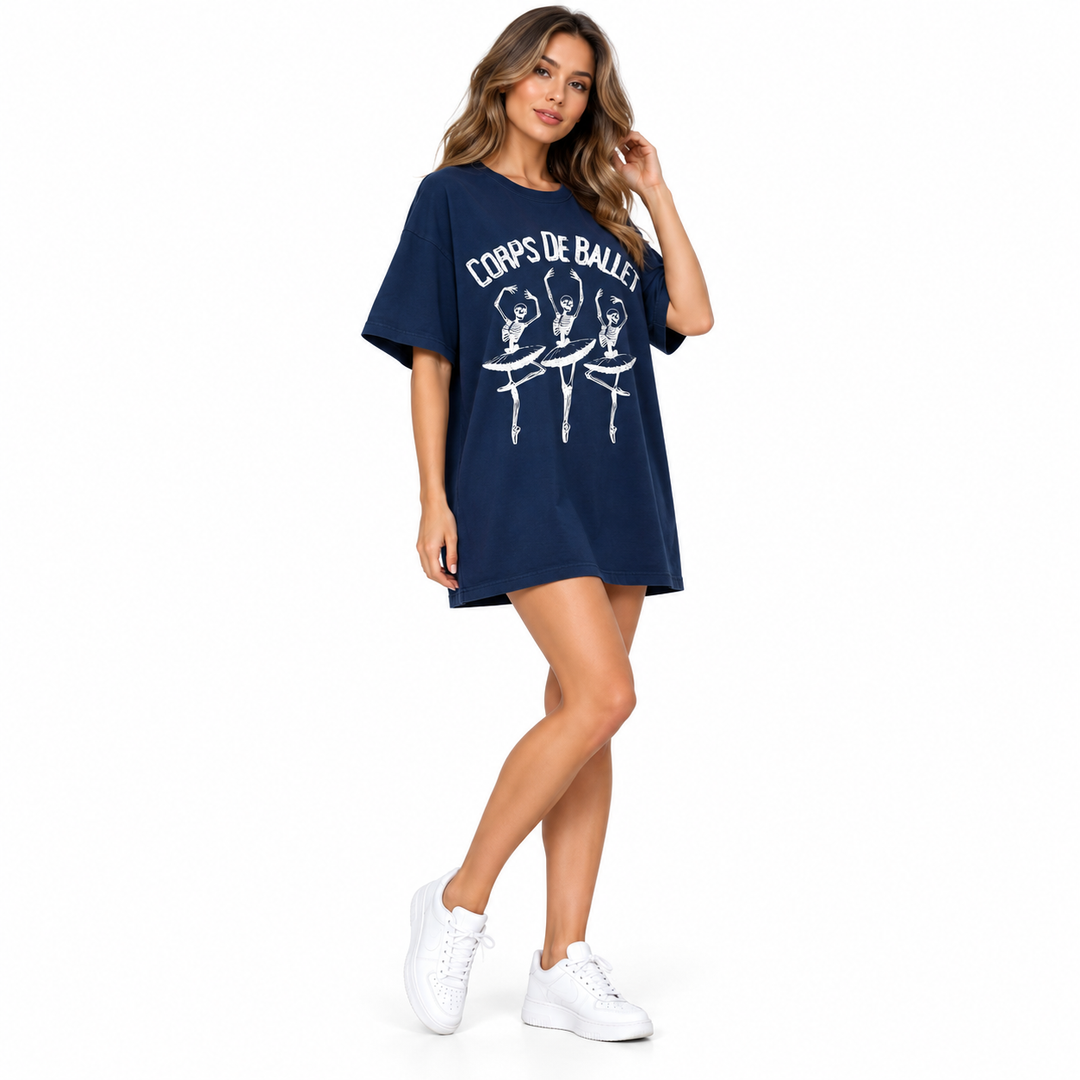Navy skeleton ballerina T-shirt dress three-quarter full-body model view