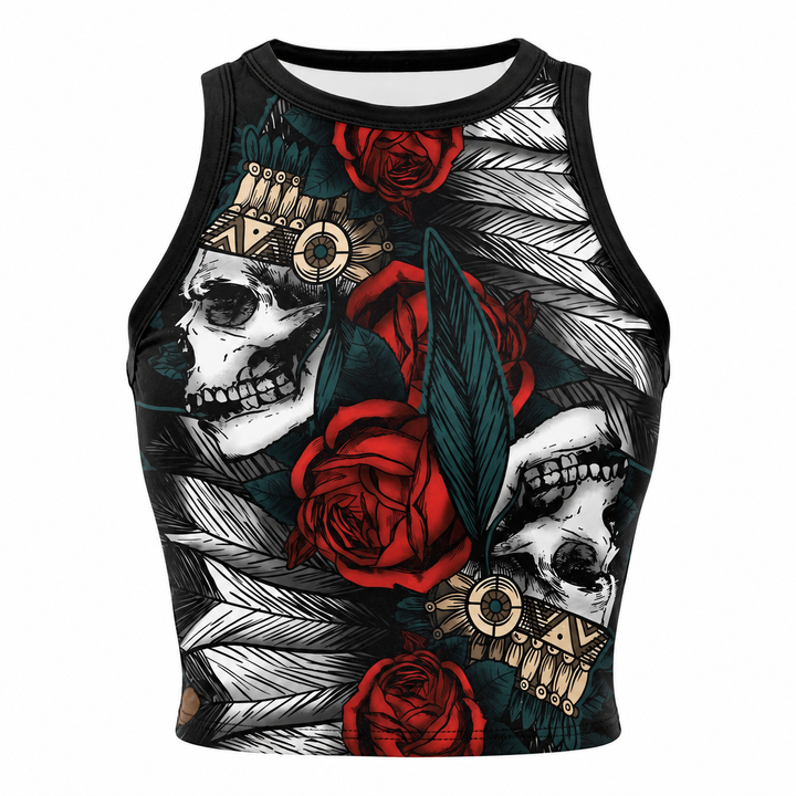 Skull red rose and feather sleeveless crop top front product view