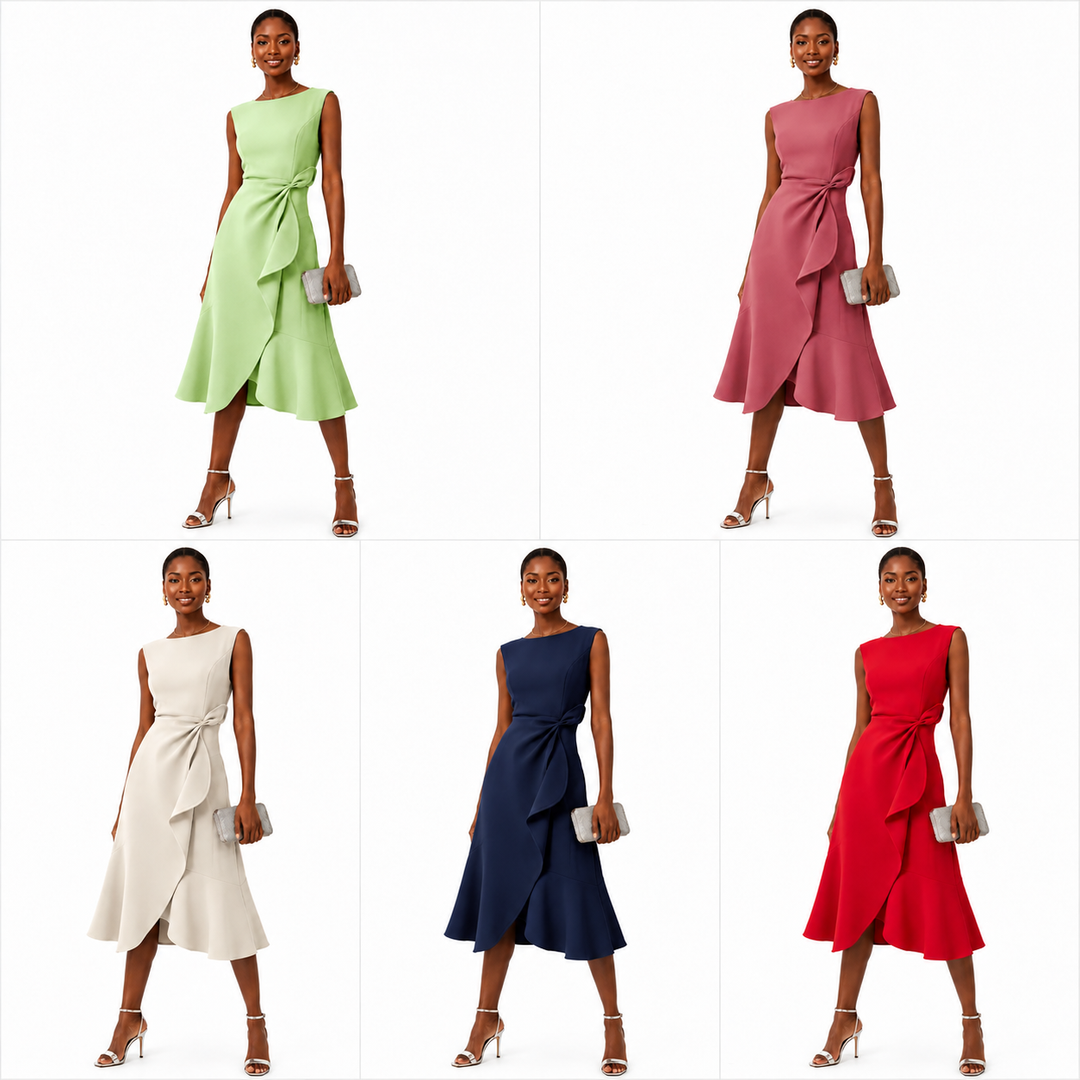Sleeveless bow-knot midi dress color collage showing light green, dusty pink, cream, navy blue and red on white background.