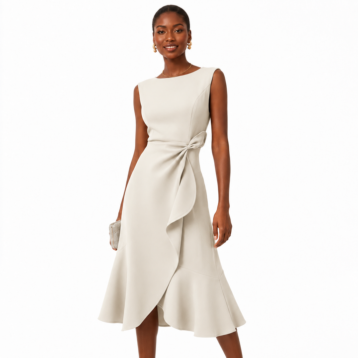 Cream sleeveless bow-knot midi dress detail view showing neckline, waist drape and flared skirt on a clean white studio background.